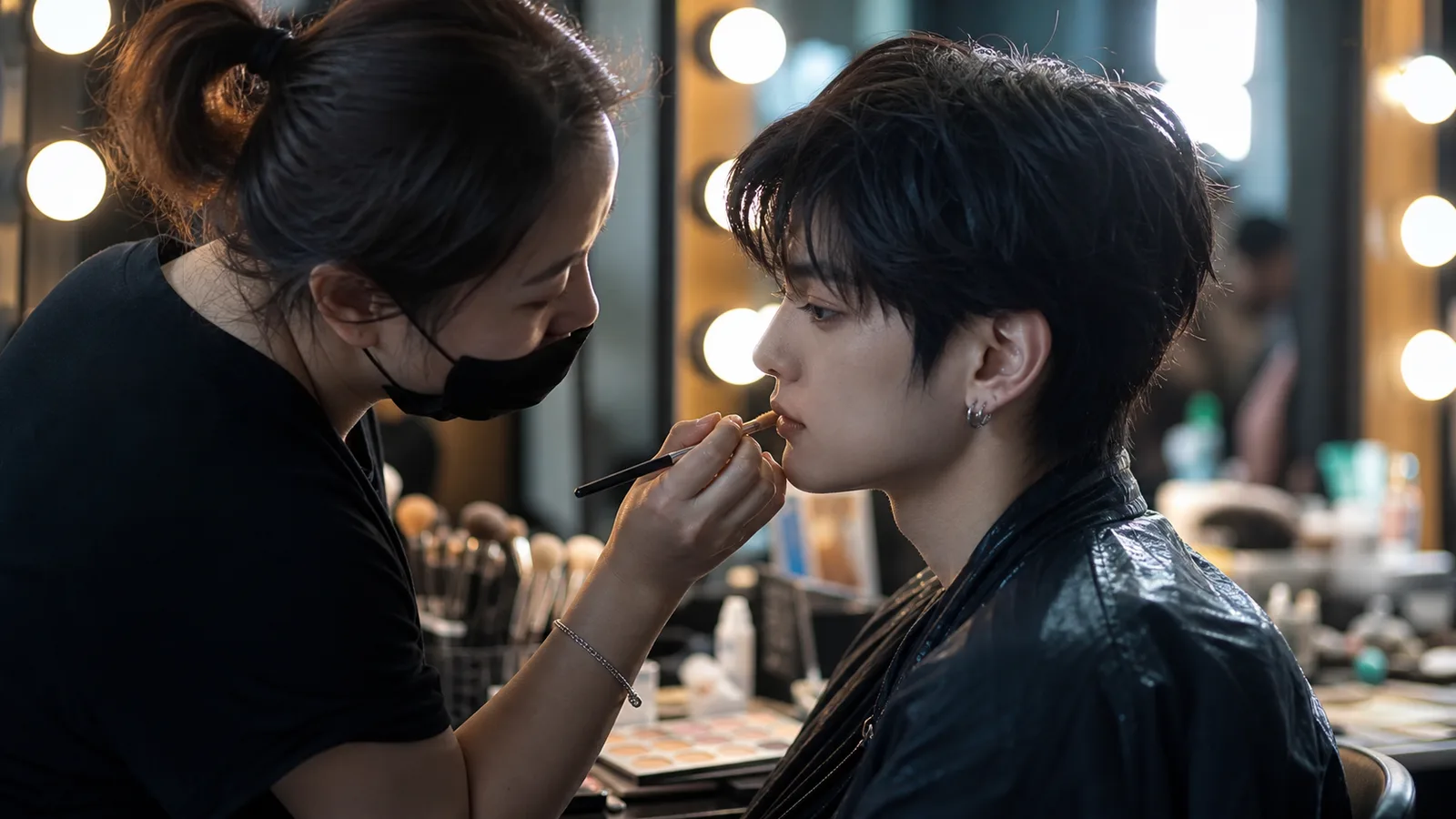 Makeup artist working backstage at a vanity mirror