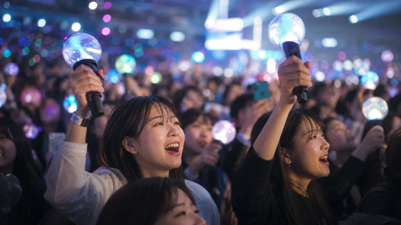 Fans in an arena raising glowing light sticks and cheering