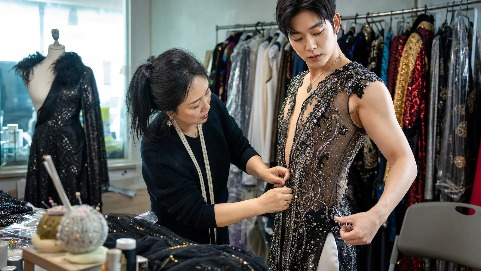 Stage costume designer fitting an outfit in an atelier