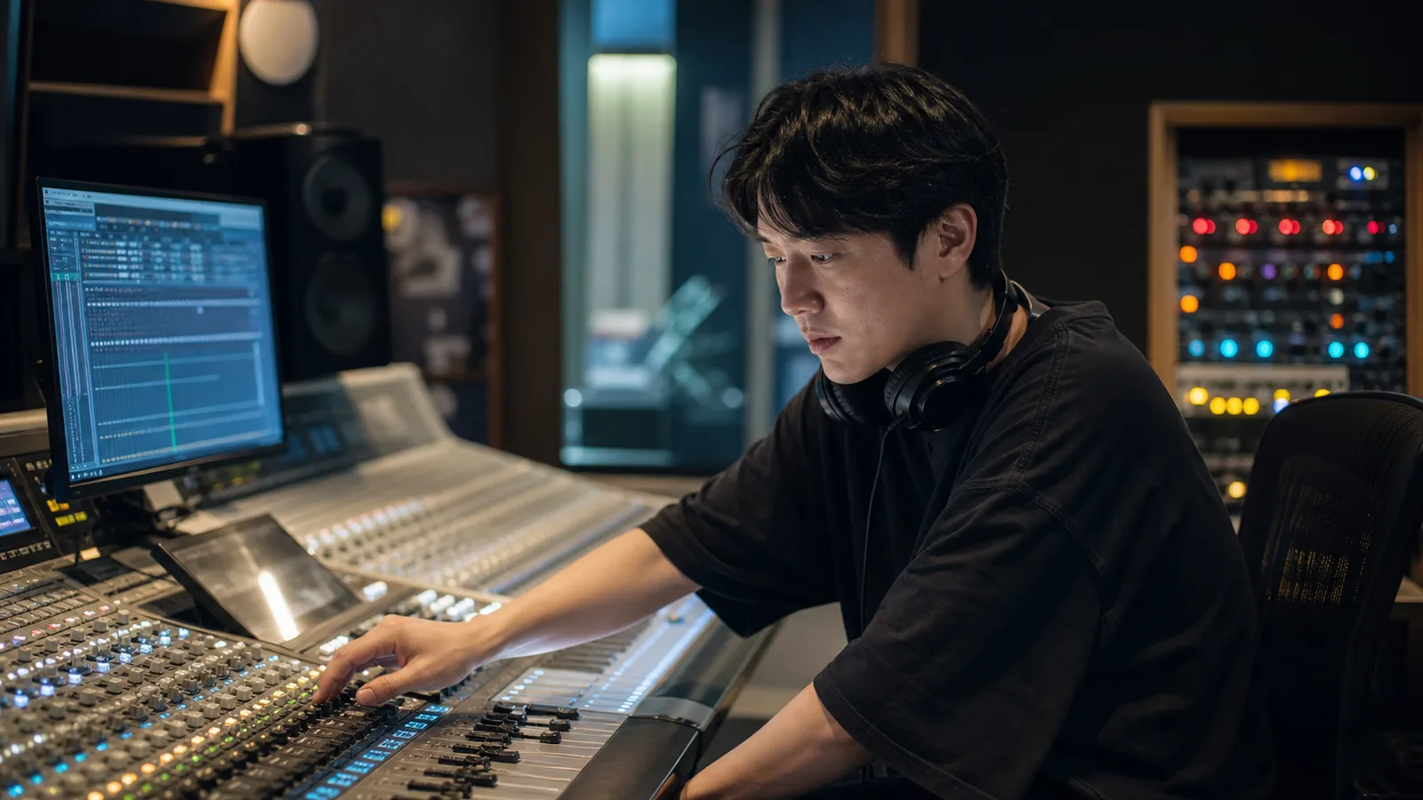 Producer at a mixing console in a recording studio