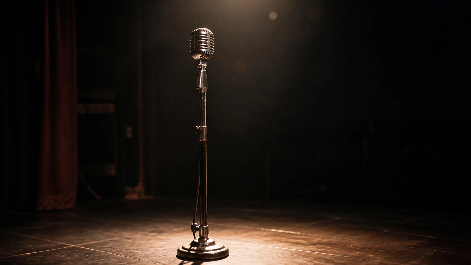 A single microphone in a golden spotlight on an empty stage