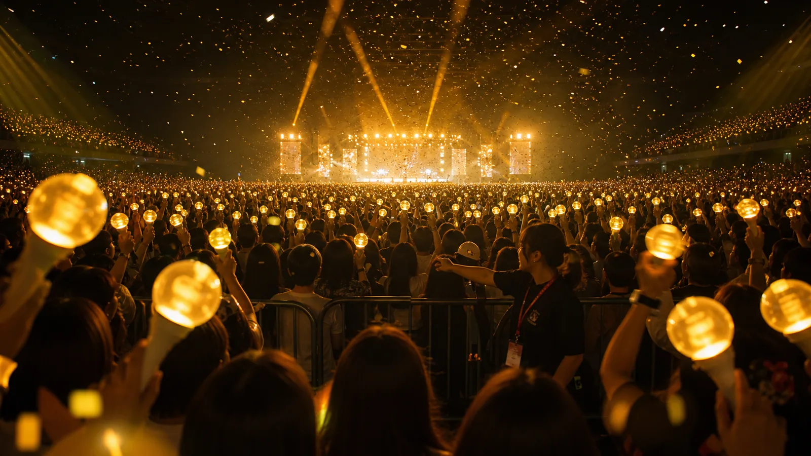 A packed arena of K-Culture fans raising glowing lightsticks toward a golden stage.
